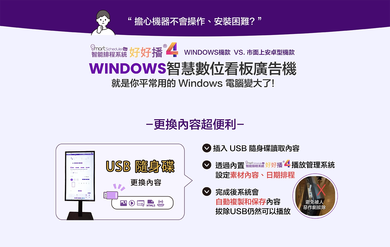 Windows智慧數位看板廣告機，就是你平常用的Windows電腦變大了！USB隨身碟更換內容超便利！
