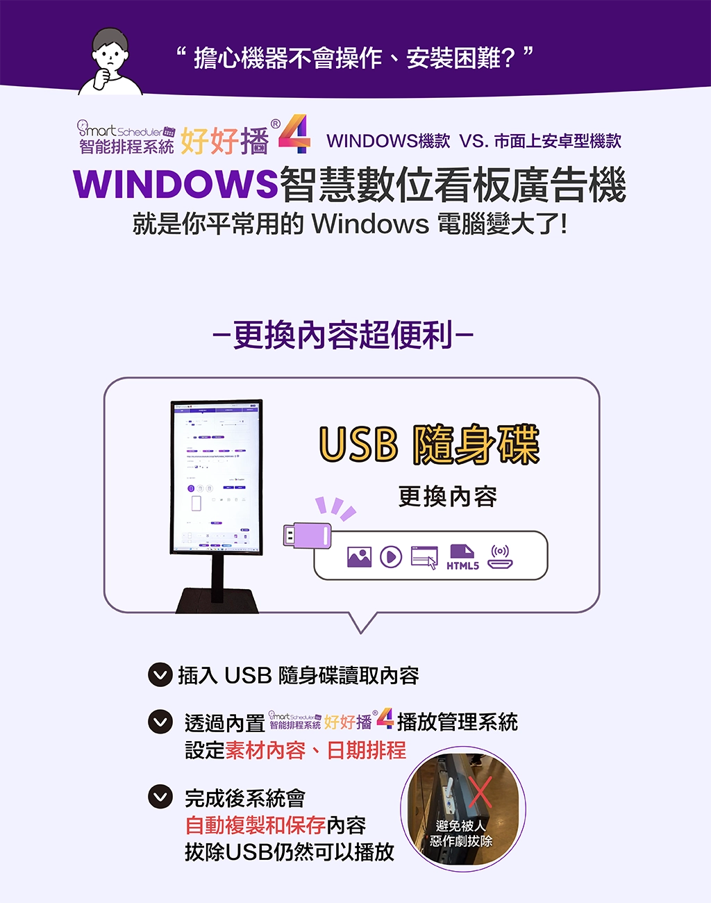 Windows智慧數位看板廣告機，就是你平常用的Windows電腦變大了！USB隨身碟更換內容超便利！